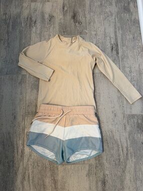 Minnow Kids Long-Sleeve Rash Guard Set in Cream & Blue